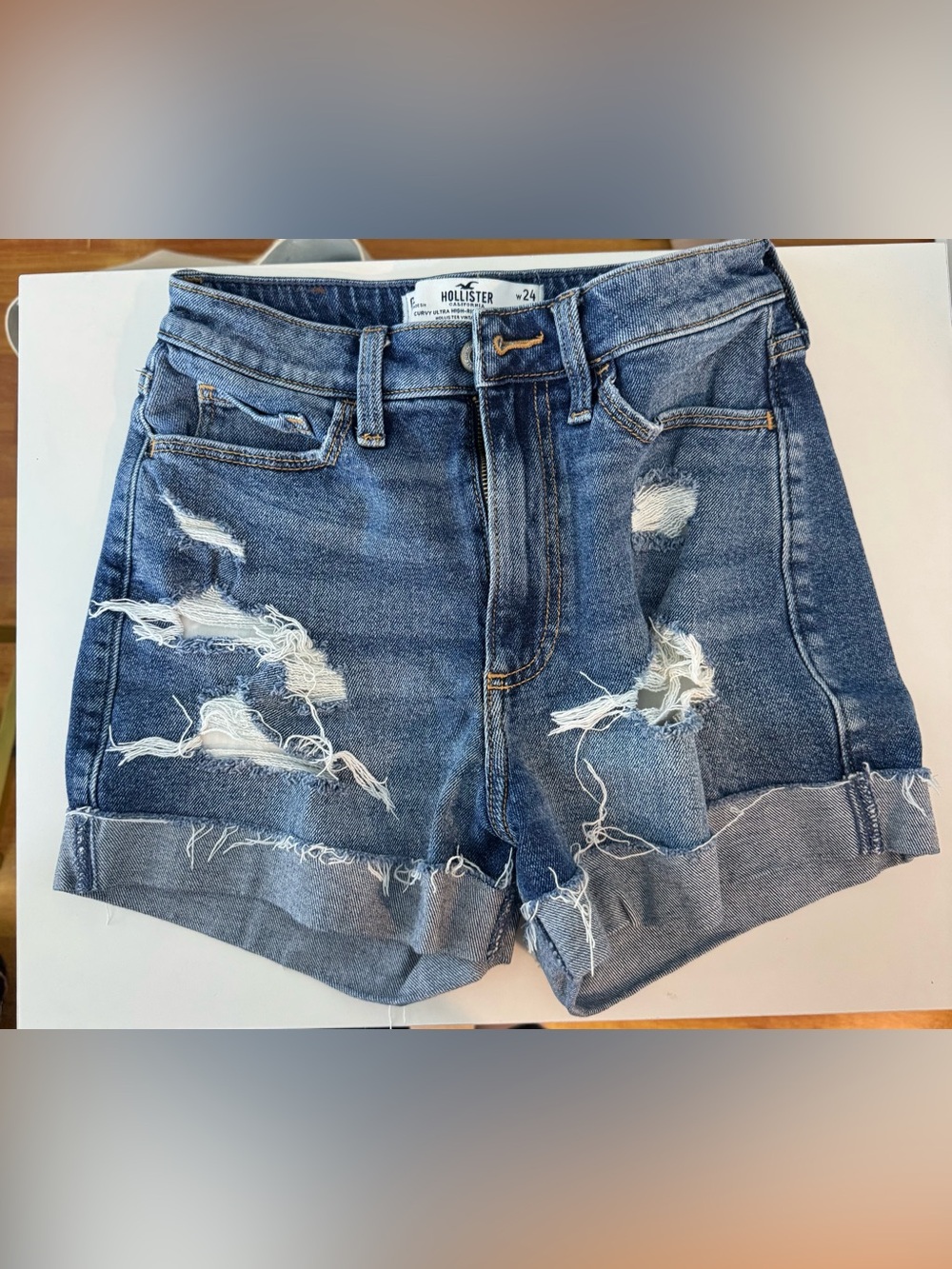 Hollister Women's Distressed Rolled-Hem Jean Shorts - Blue